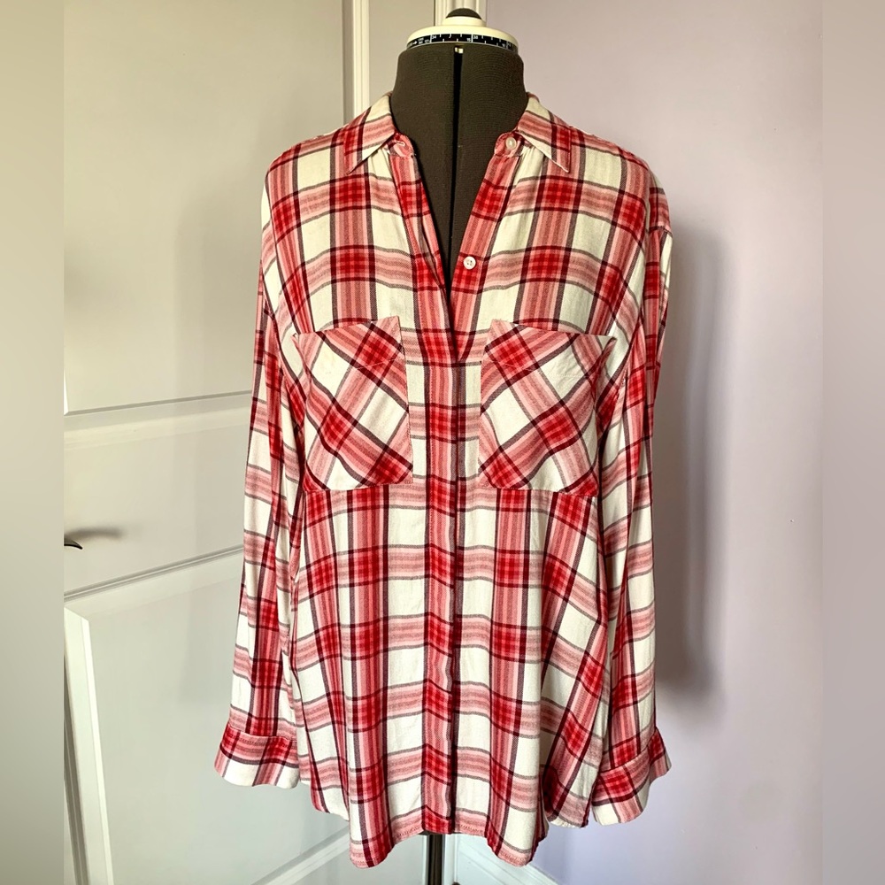 Express Boyfriend Plaid Button Up Long Sleeve Red White Size XS
